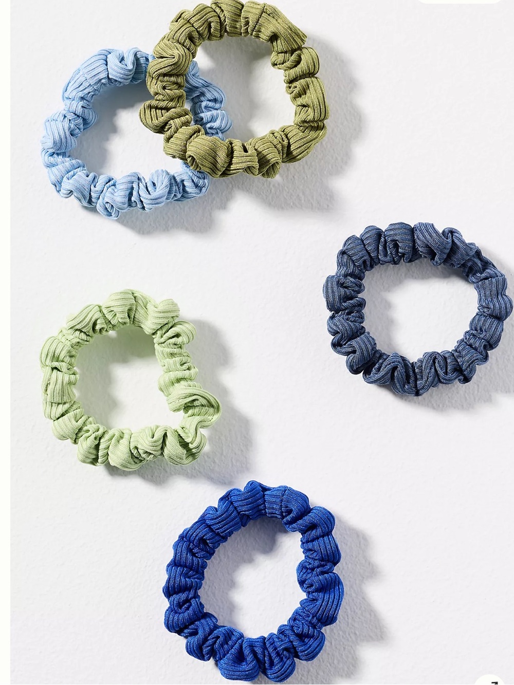 Anthropologie Set of Ribbed Fabric Hair Scrunchies in Blue and Green Tones